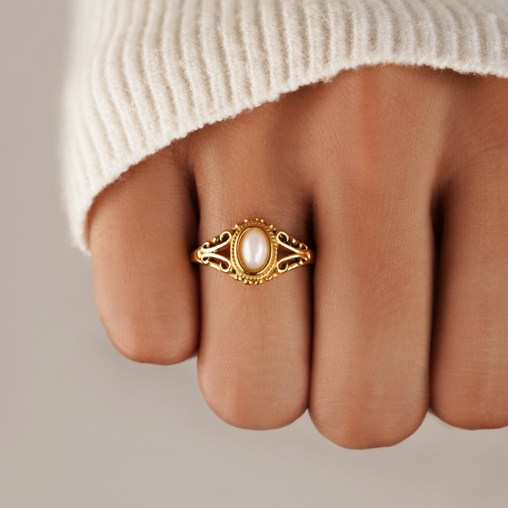 Ring with Oval Pearl and Filigree Band