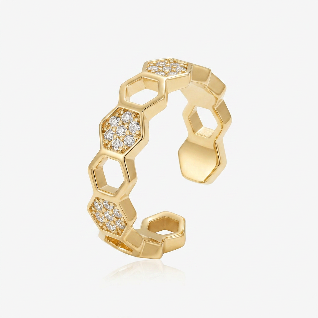 Gold Plated Ring with Honeycomb Crystal Detail