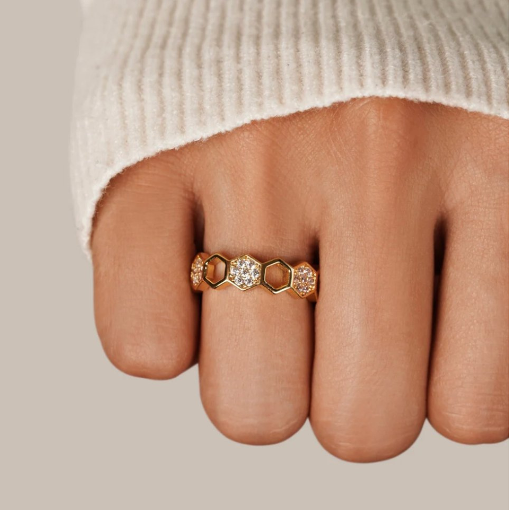 Gold Plated Ring with Honeycomb Crystal Detail