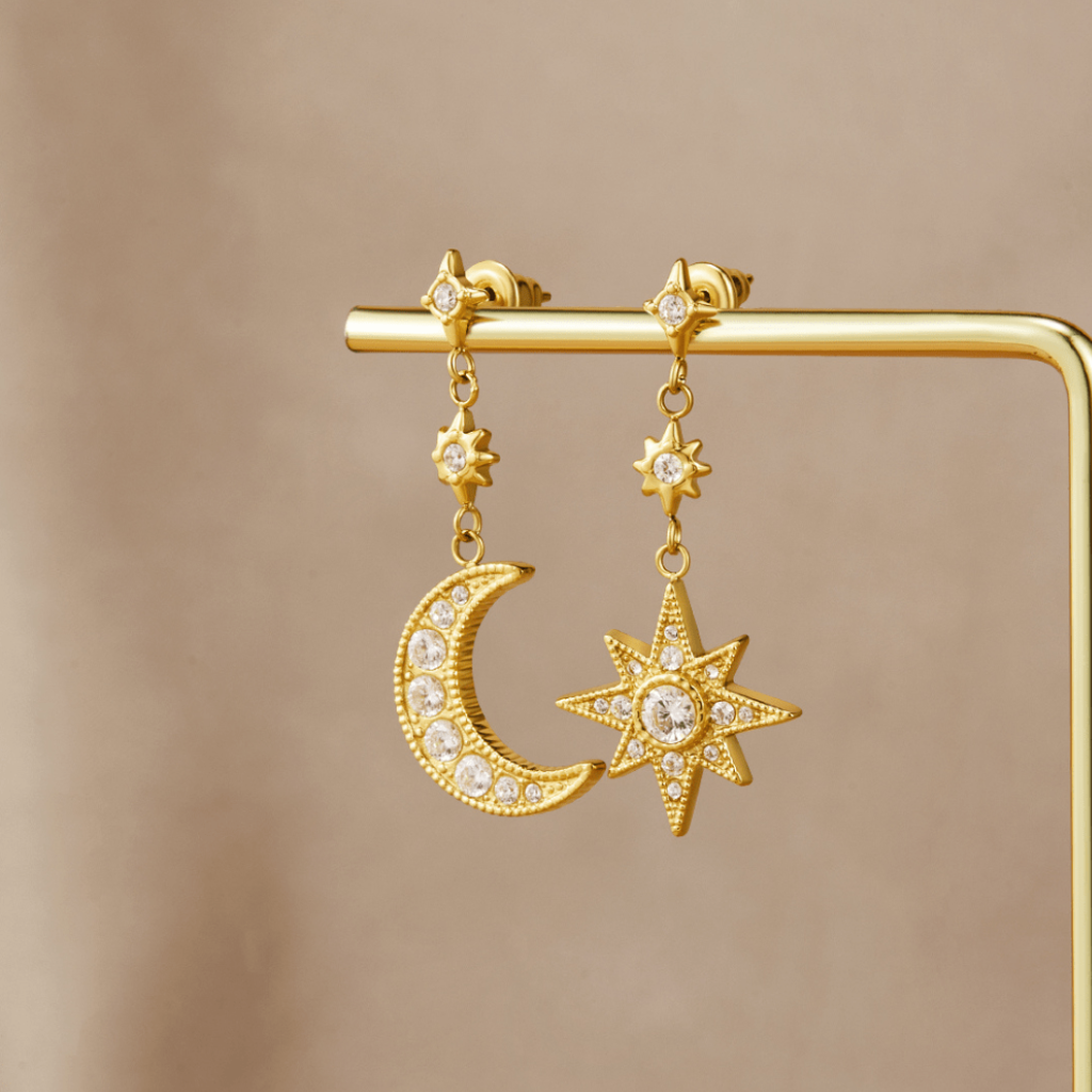 Moon & Star Drop Earrings with Cubic Zirconia