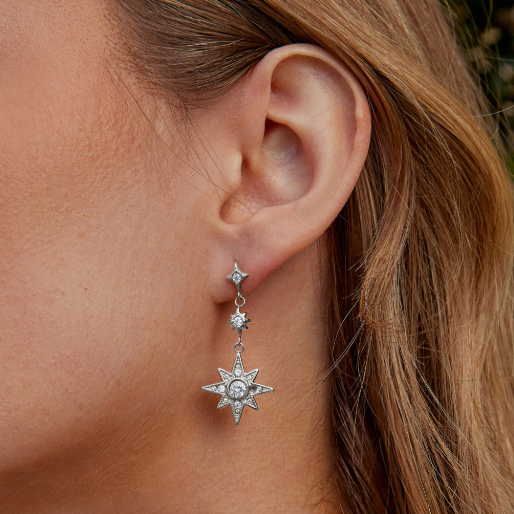 Moon & Star Drop Earrings with Cubic Zirconia