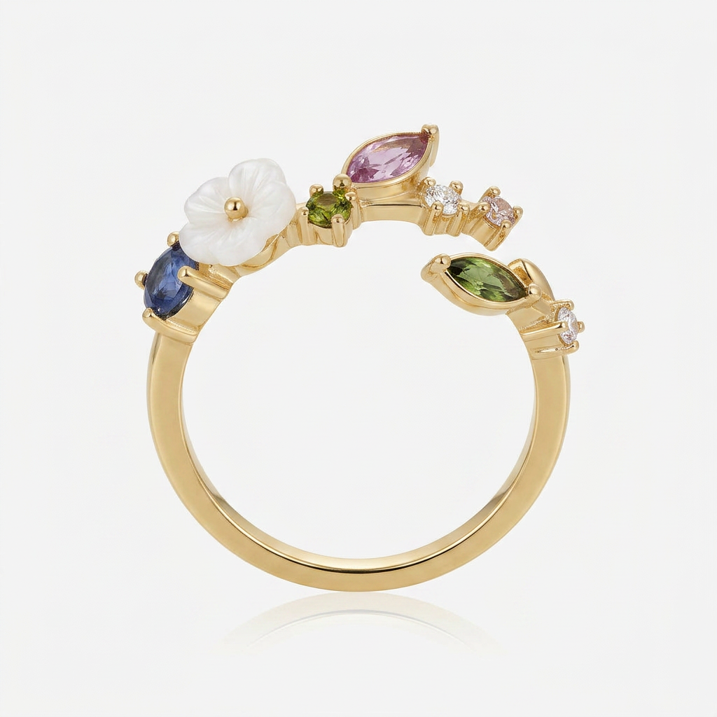 Gold Ring with Crystal Flower and Multi Stones