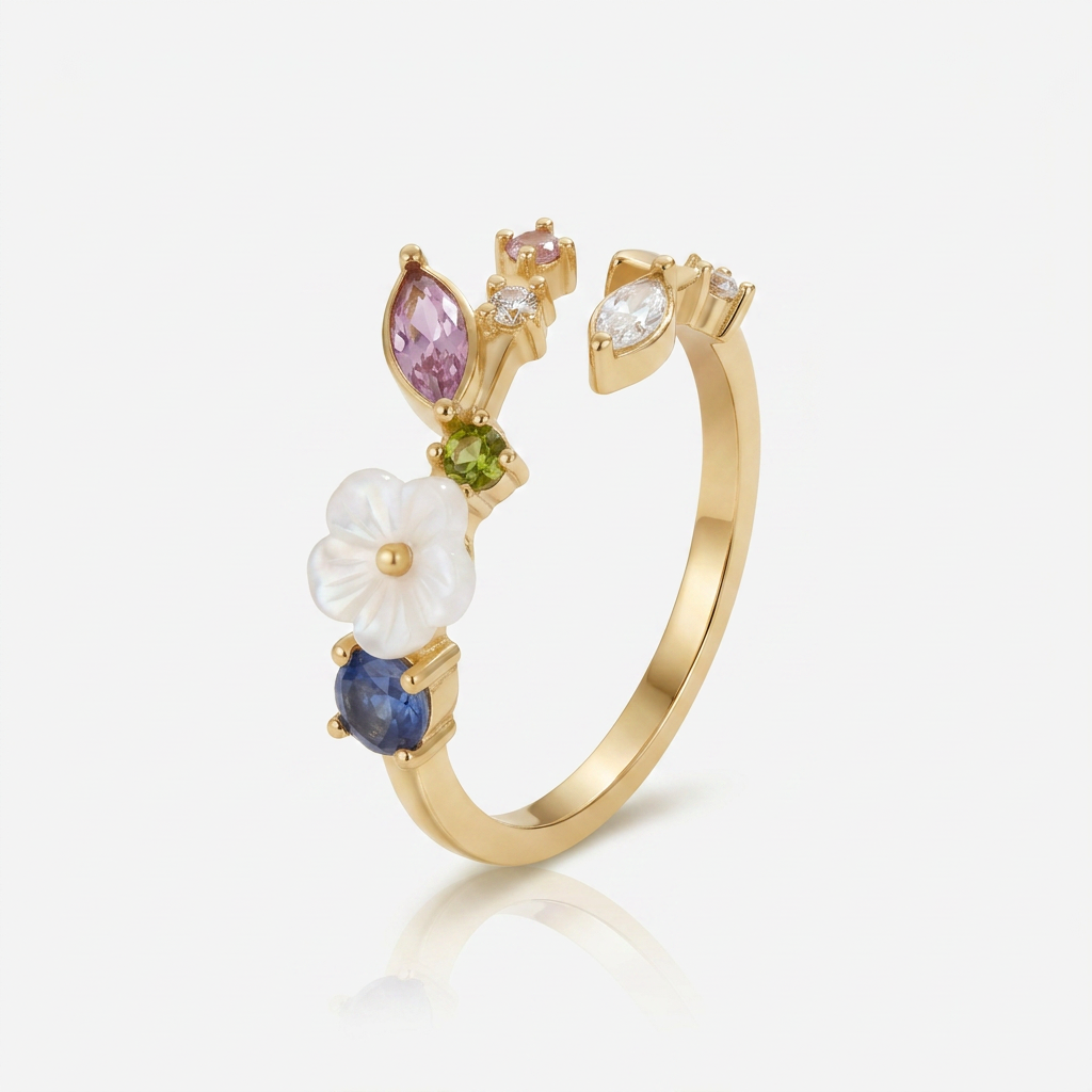 Gold Ring with Crystal Flower and Multi Stones