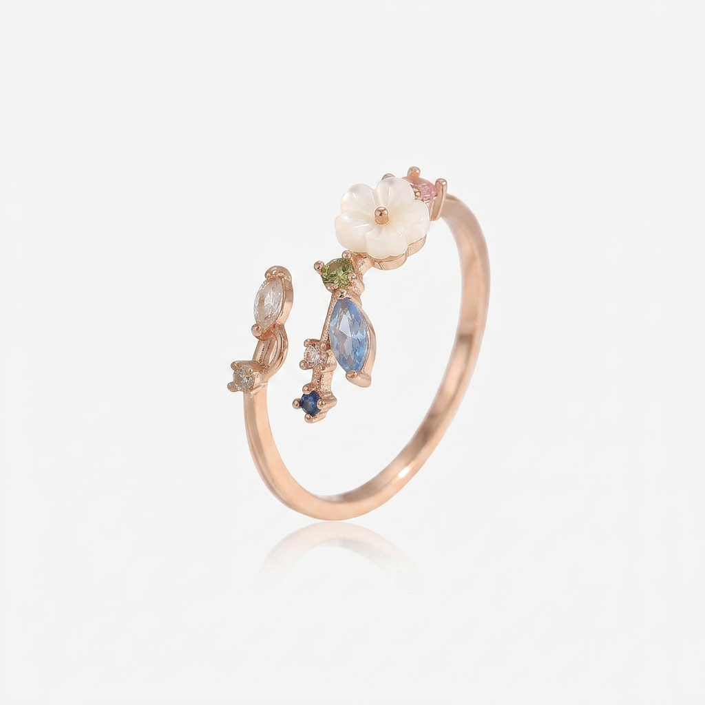 Gold Ring with Crystal Flower and Multi Stones