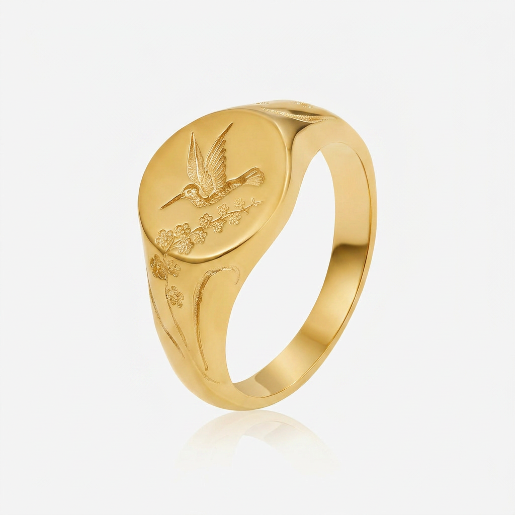 Signet Ring with Hummingbird Engraving