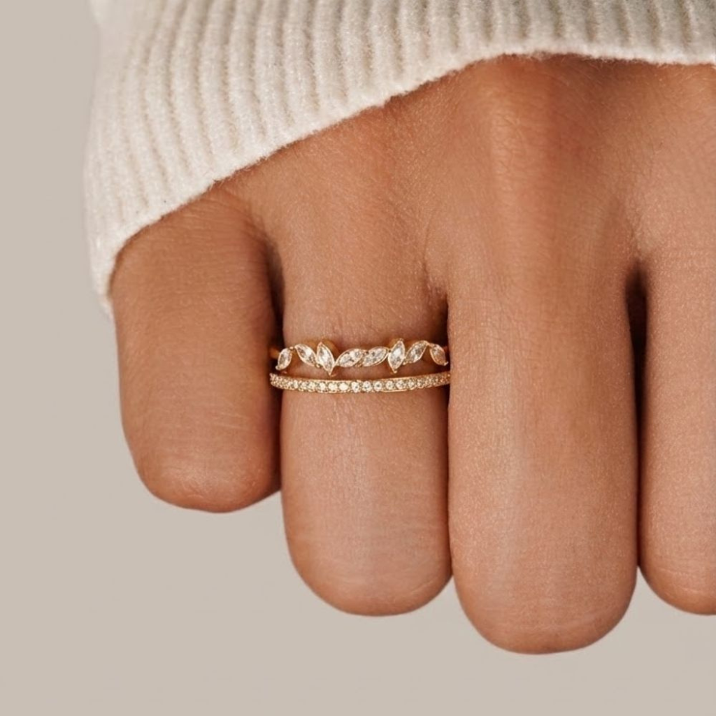 Ring with Marquise Crystals and Double Band