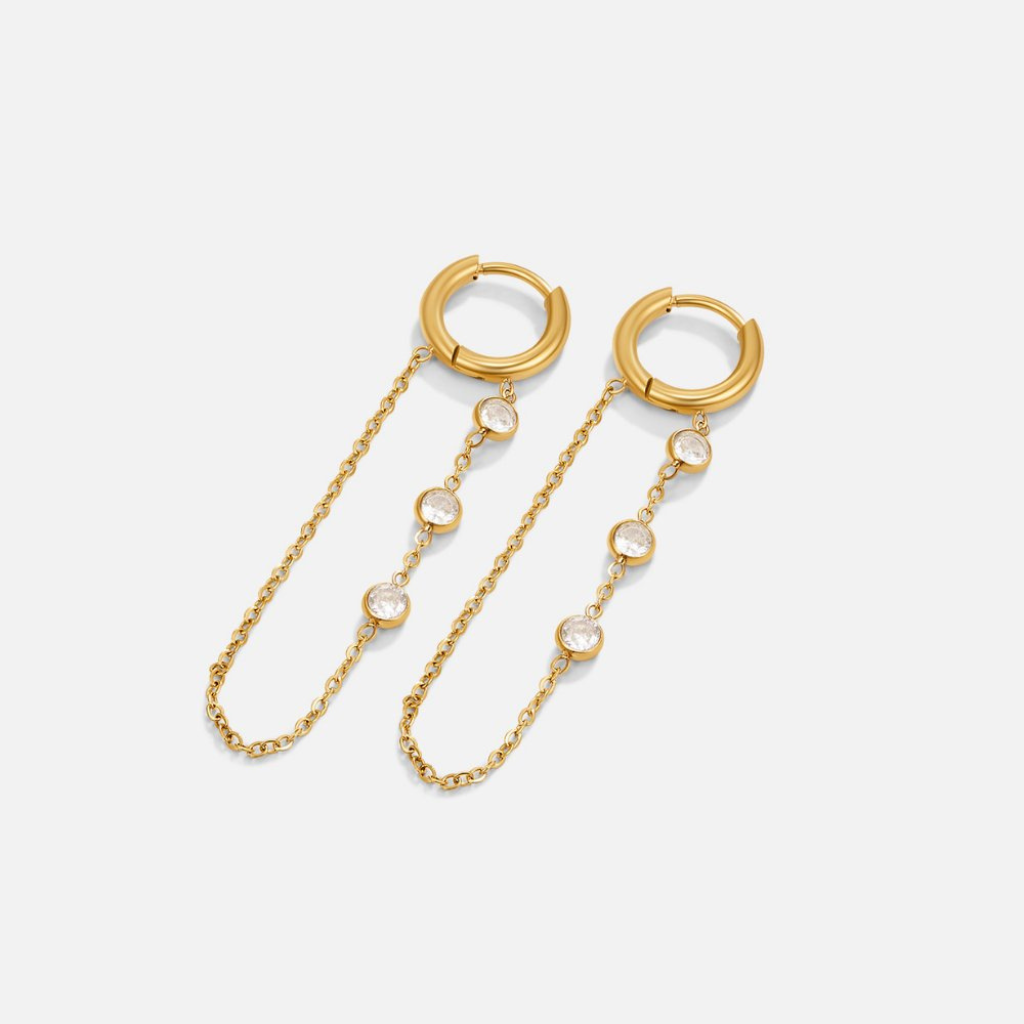 Gold Drop Hoop Earrings with Crystal Stone