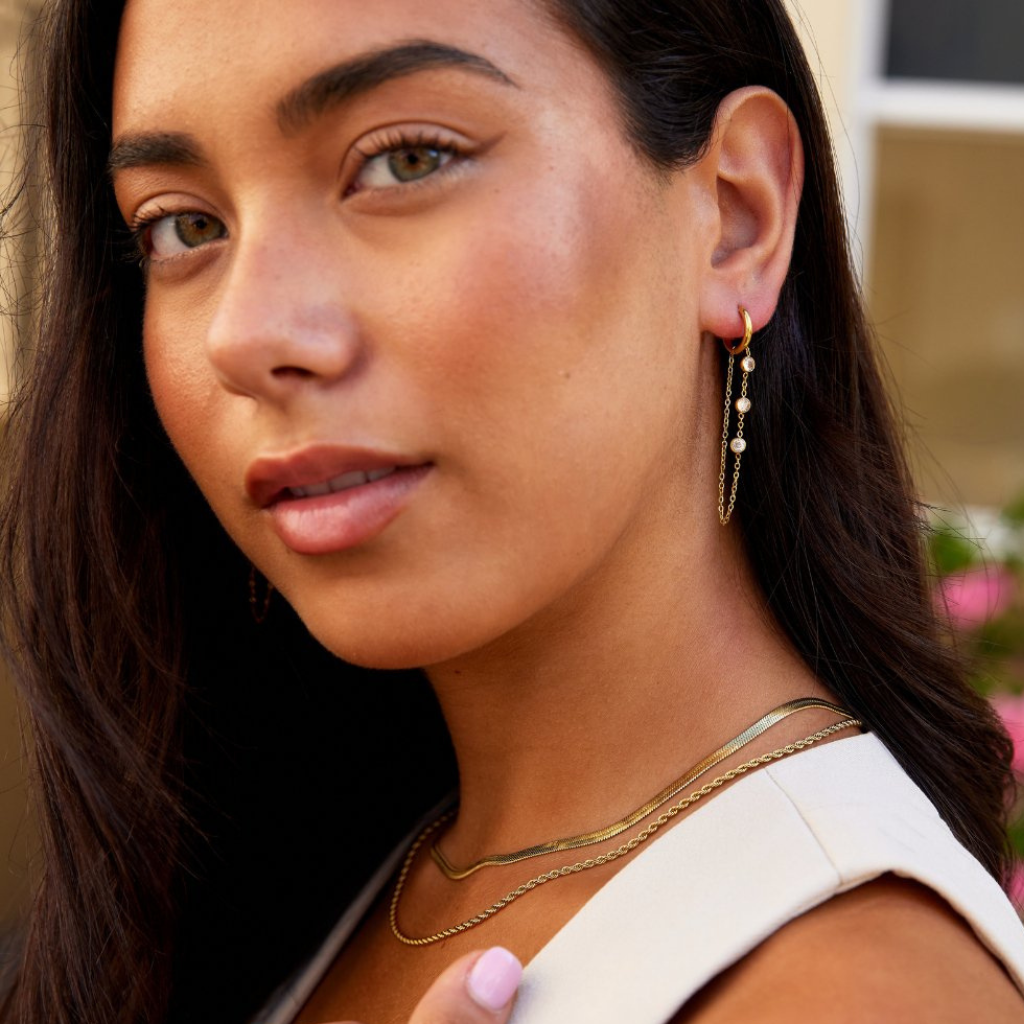 Gold Drop Hoop Earrings with Crystal Stone