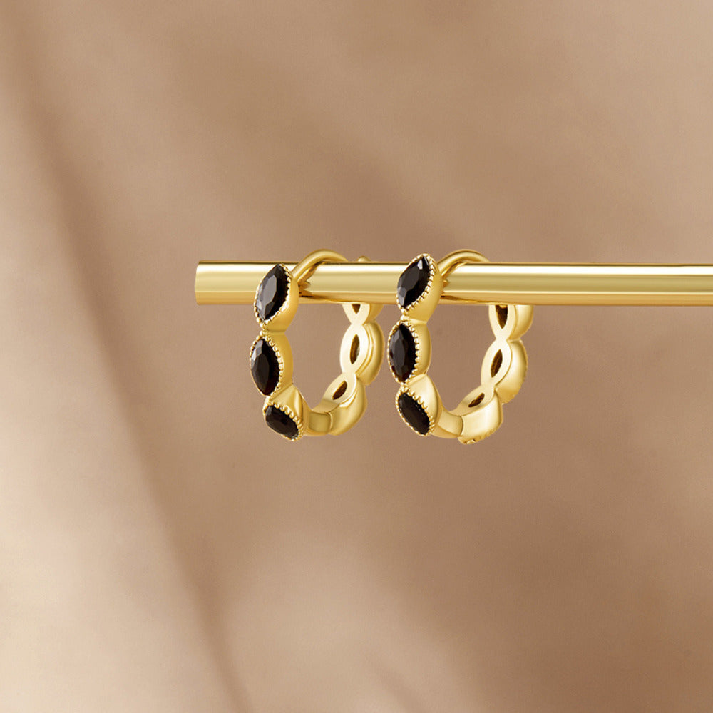 Gold Tiny Hoop Earrings with Onyx Stone
