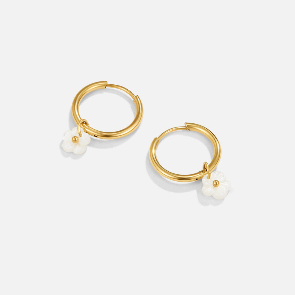 Gold Hoop Earrings with White Petal Shell