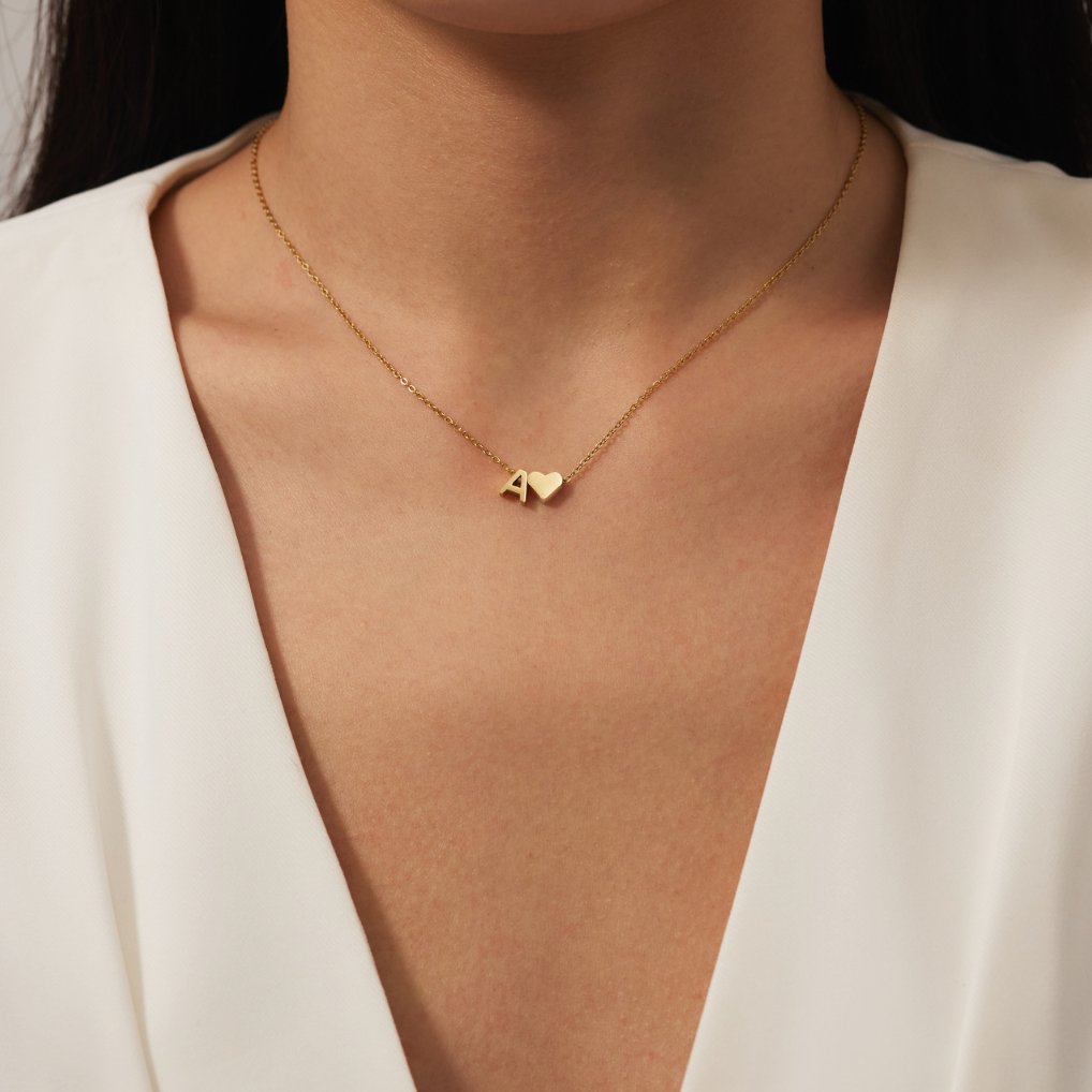 Gold Letter Pendant Necklace with Forever Love Script Design