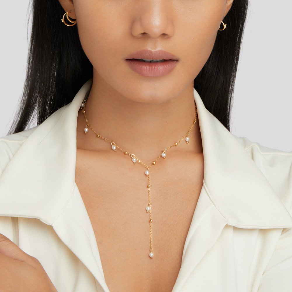 Gold Lariat Necklace with Freshwater Pearl Drop