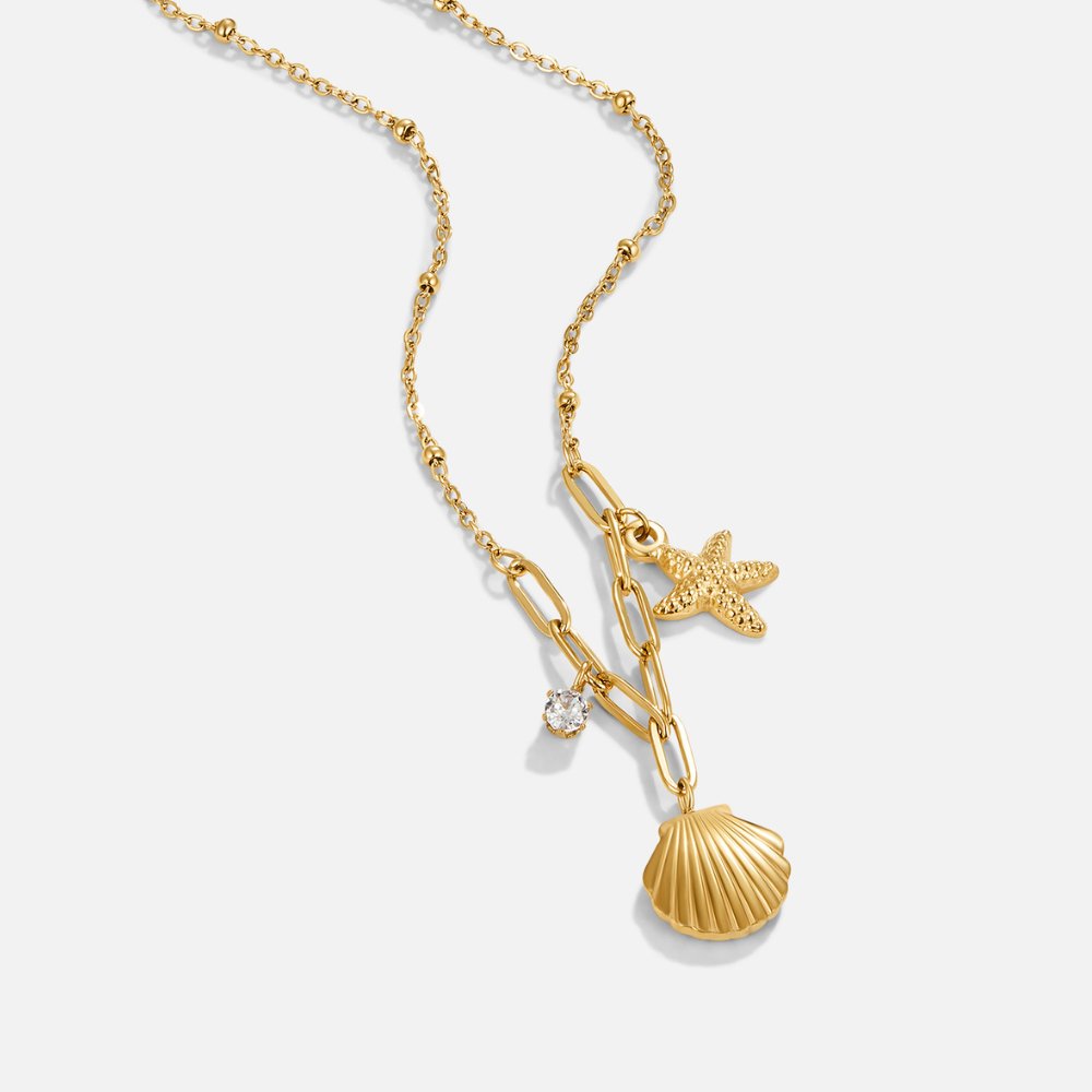 Gold Tone Seashell and Starfish Pendant Necklace