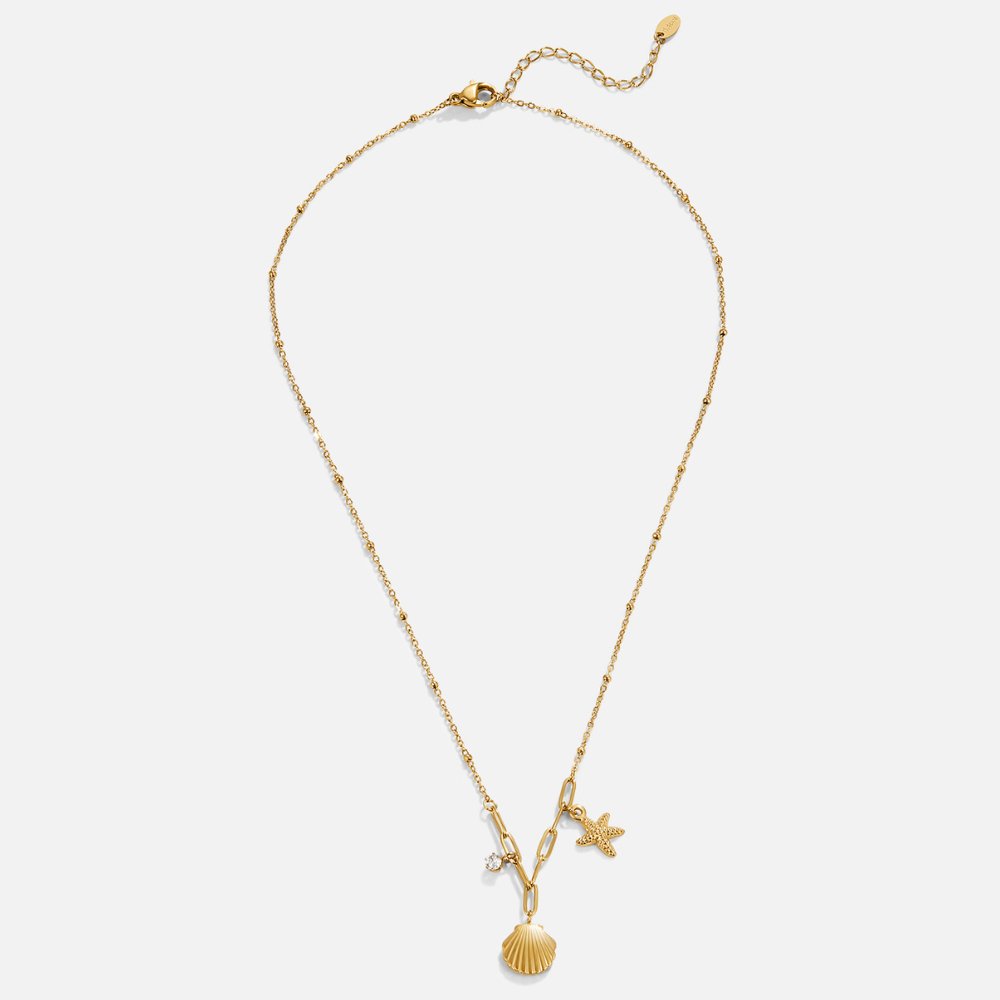 Gold Tone Seashell and Starfish Pendant Necklace