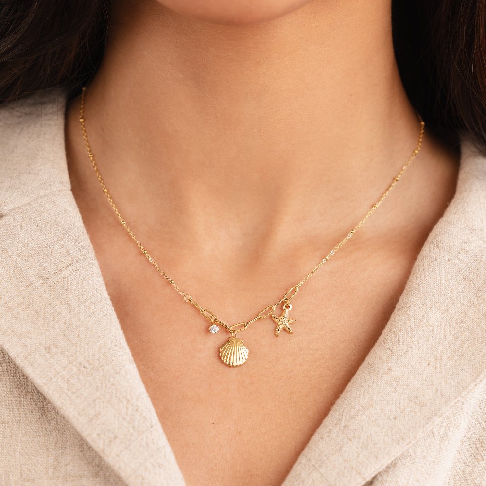 Gold Tone Seashell and Starfish Pendant Necklace