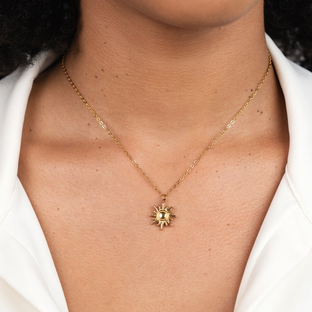 Gold Sunburst Pendant Necklace Geometric Radial Design