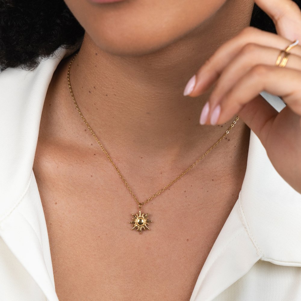 Gold Sunburst Pendant Necklace Geometric Radial Design