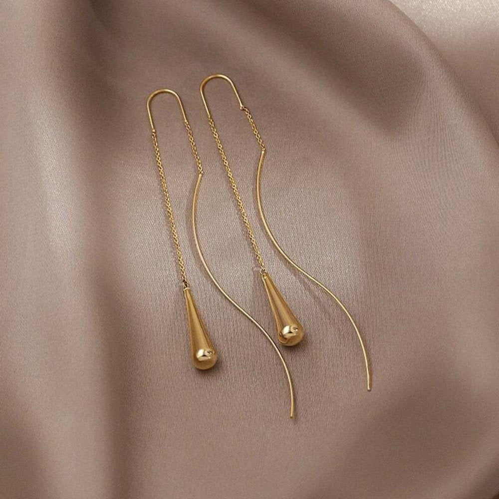 Gold Drop Earrings with Tassel and Teardrop Design