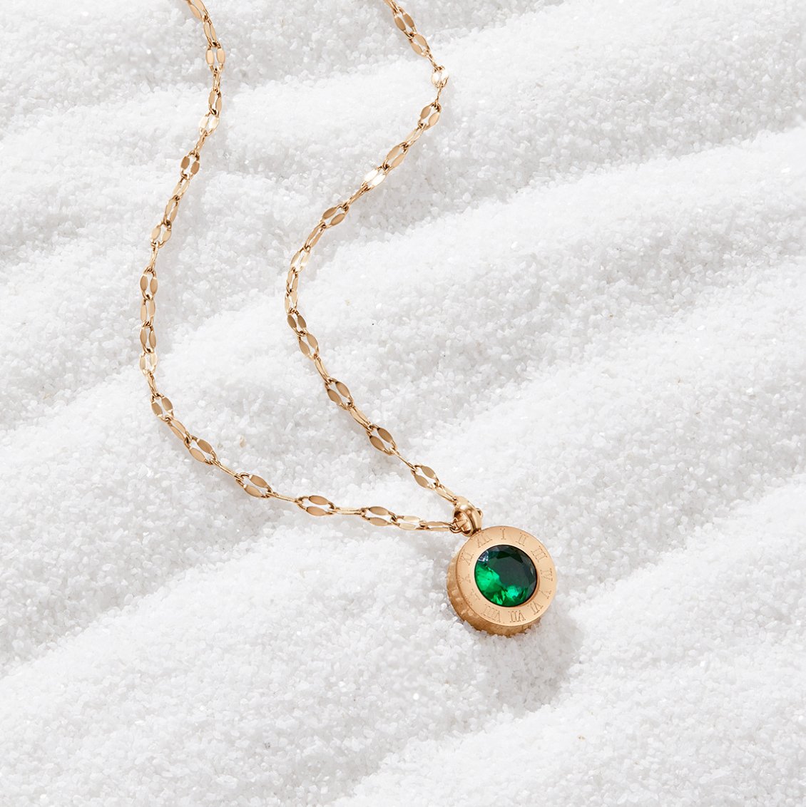 Gold Tone Necklace with Green Crystal Pendant