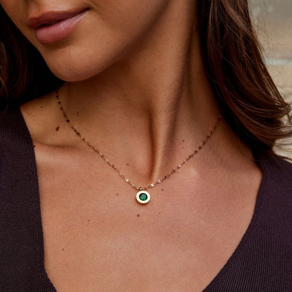 Gold Tone Necklace with Green Crystal Pendant