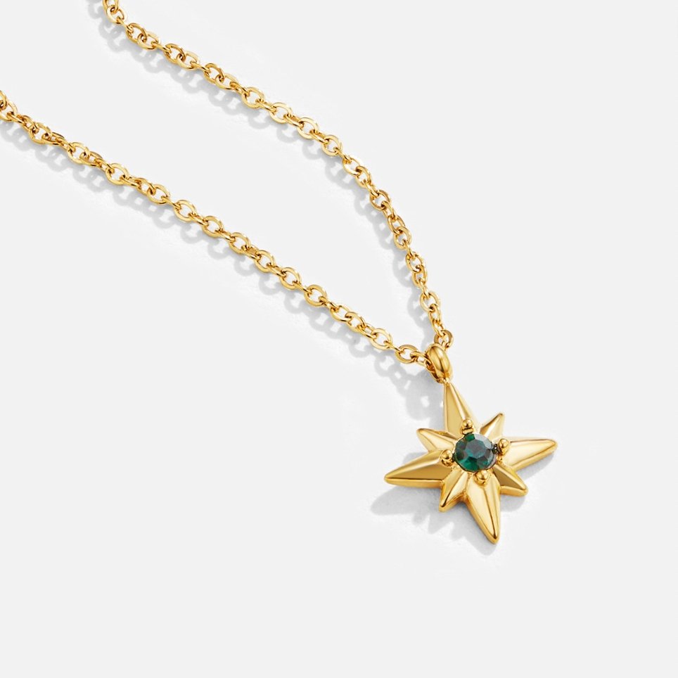 Gold Star Pendant Necklace with Emerald Crystal