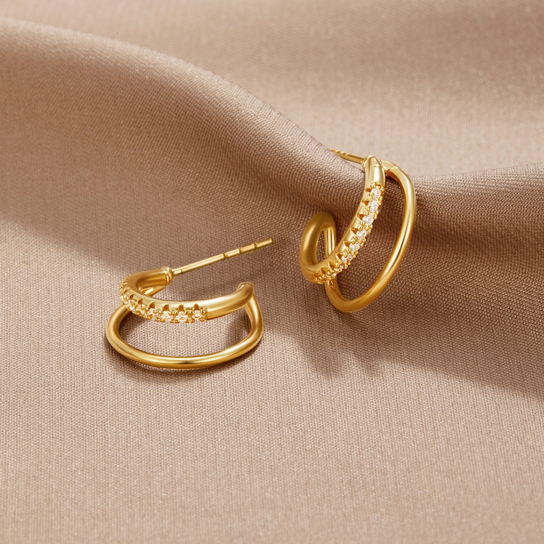 Gold Double Hoop Earrings with Crystal Stone