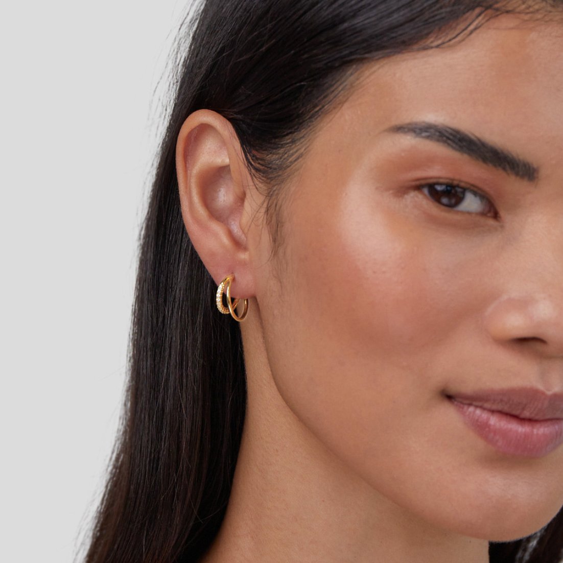 Gold Double Hoop Earrings with Crystal Stone