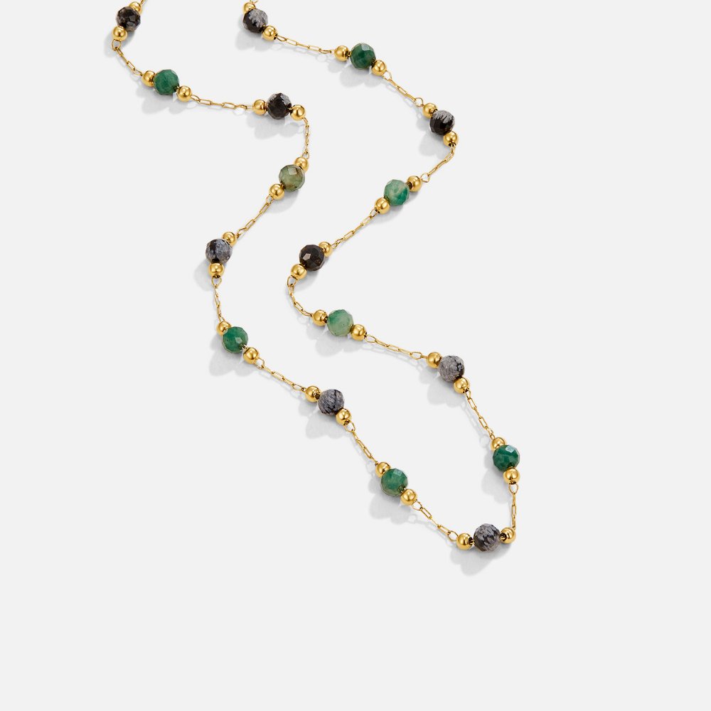 Gold Beaded Stone Necklace with Forest-Inspired Design