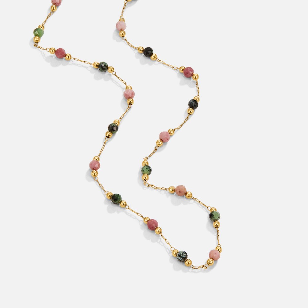 Gold Tone Beaded Stone Necklace with Spring Design