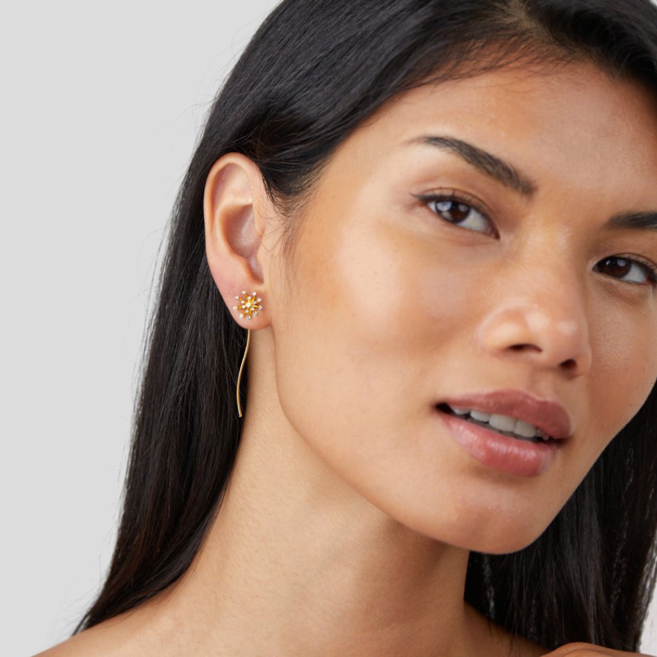 Gold Drop Earrings with Dandelion Wishbloom Design
