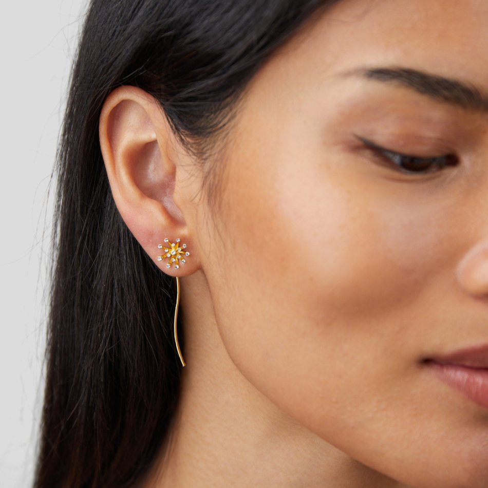 Gold Drop Earrings with Dandelion Wishbloom Design
