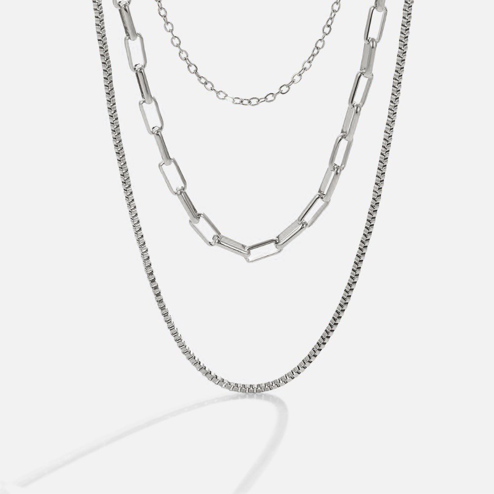 Silver Layered Chain Necklace with Multi-Strand Design