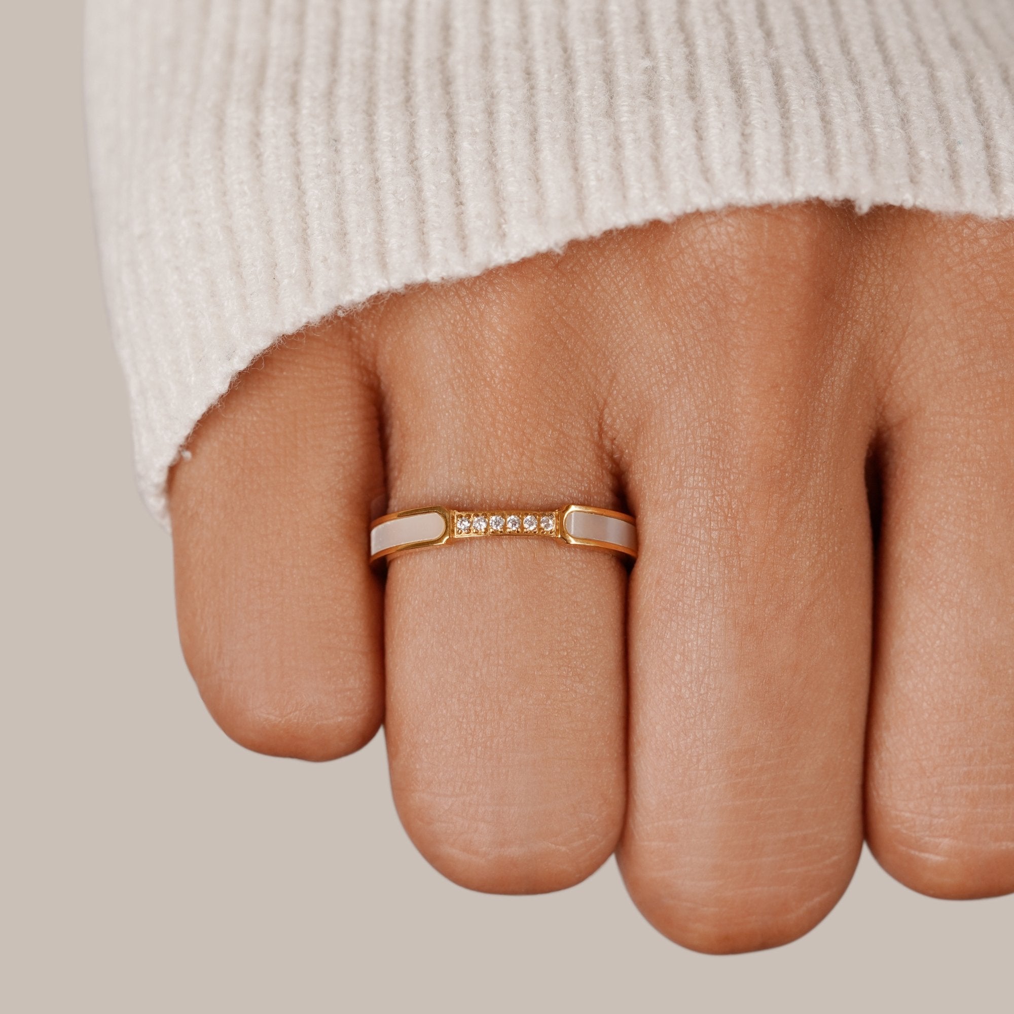 Gold Open Ring with Mother of Pearl and Crystal