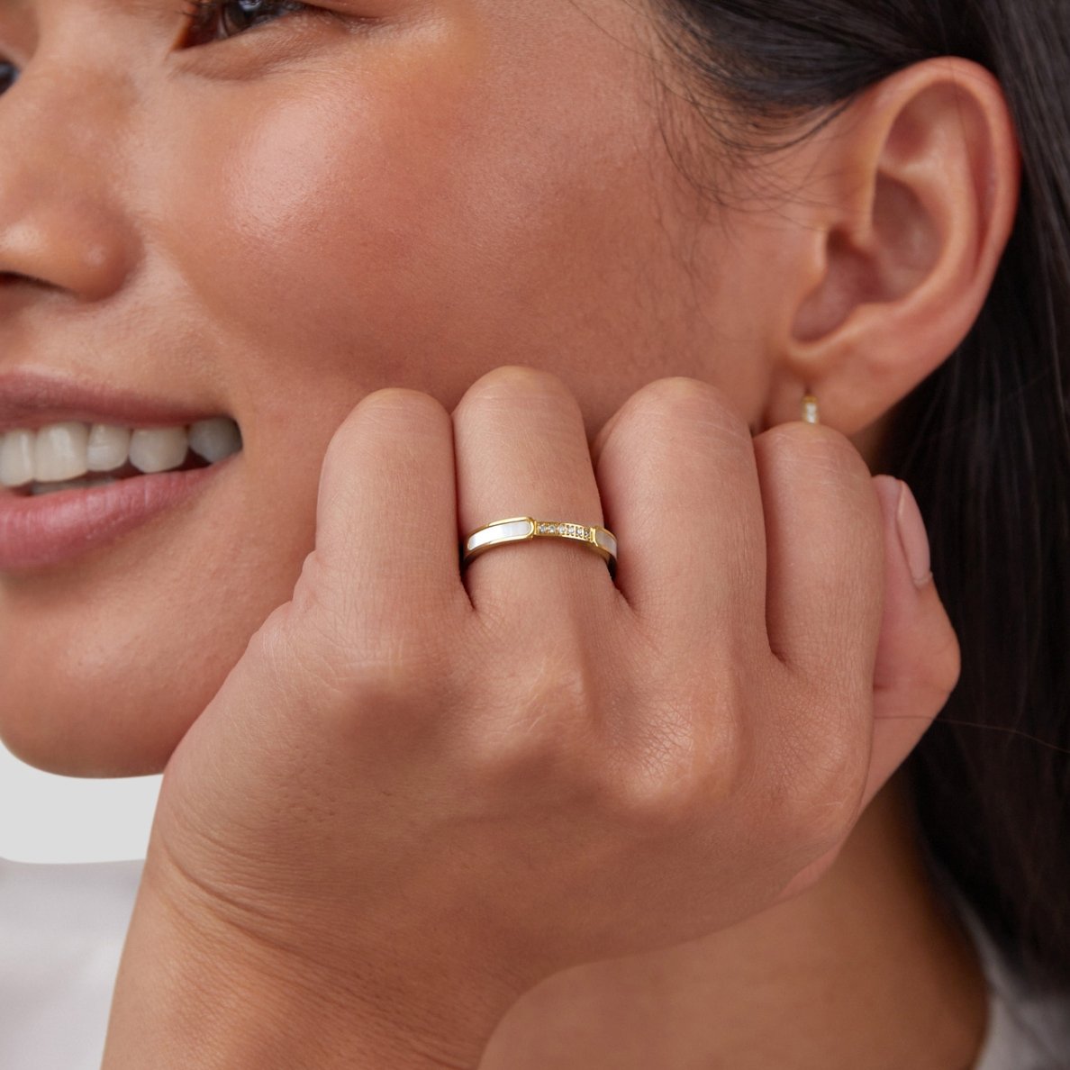 Gold Open Ring with Mother of Pearl and Crystal