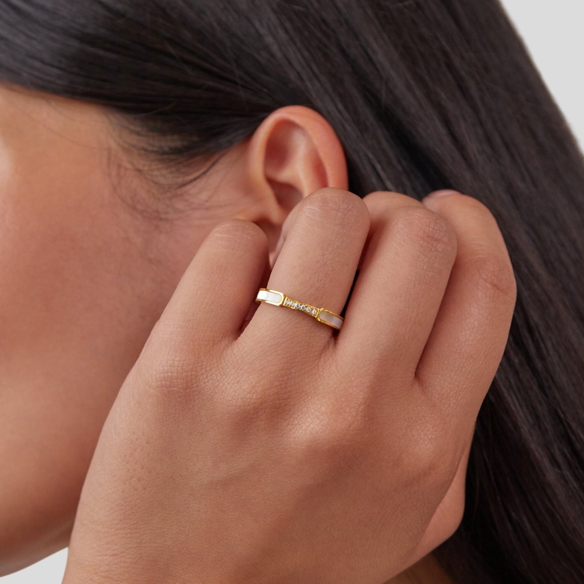 Gold Open Ring with Mother of Pearl and Crystal
