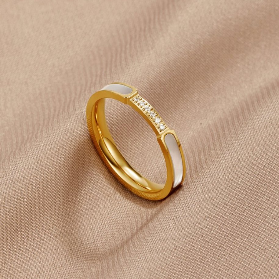 Gold Open Ring with Mother of Pearl and Crystal