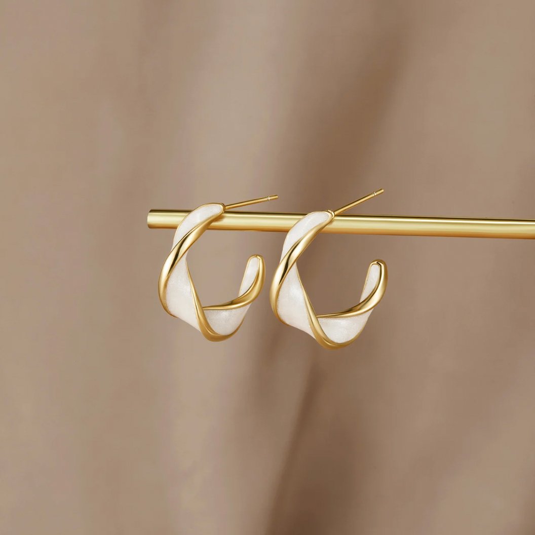 Gold Twist Hoop Earrings with Mother of Pearl