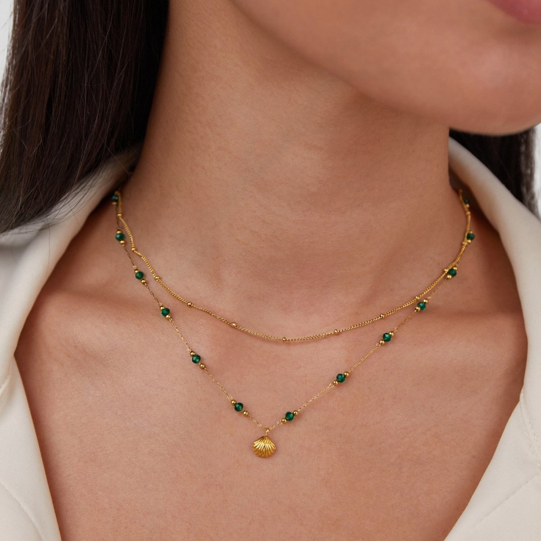 Gold Tone Shell and Green Bead Necklace