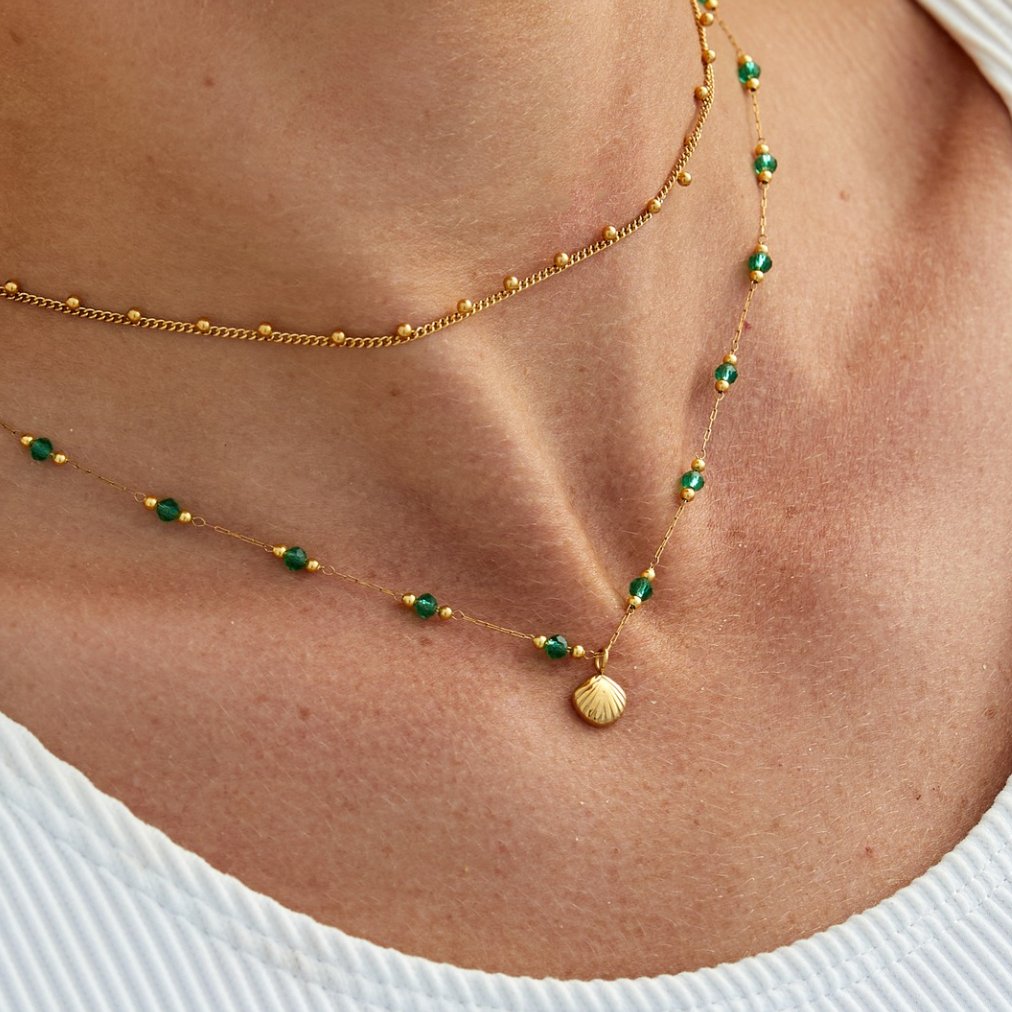 Gold Tone Shell and Green Bead Necklace