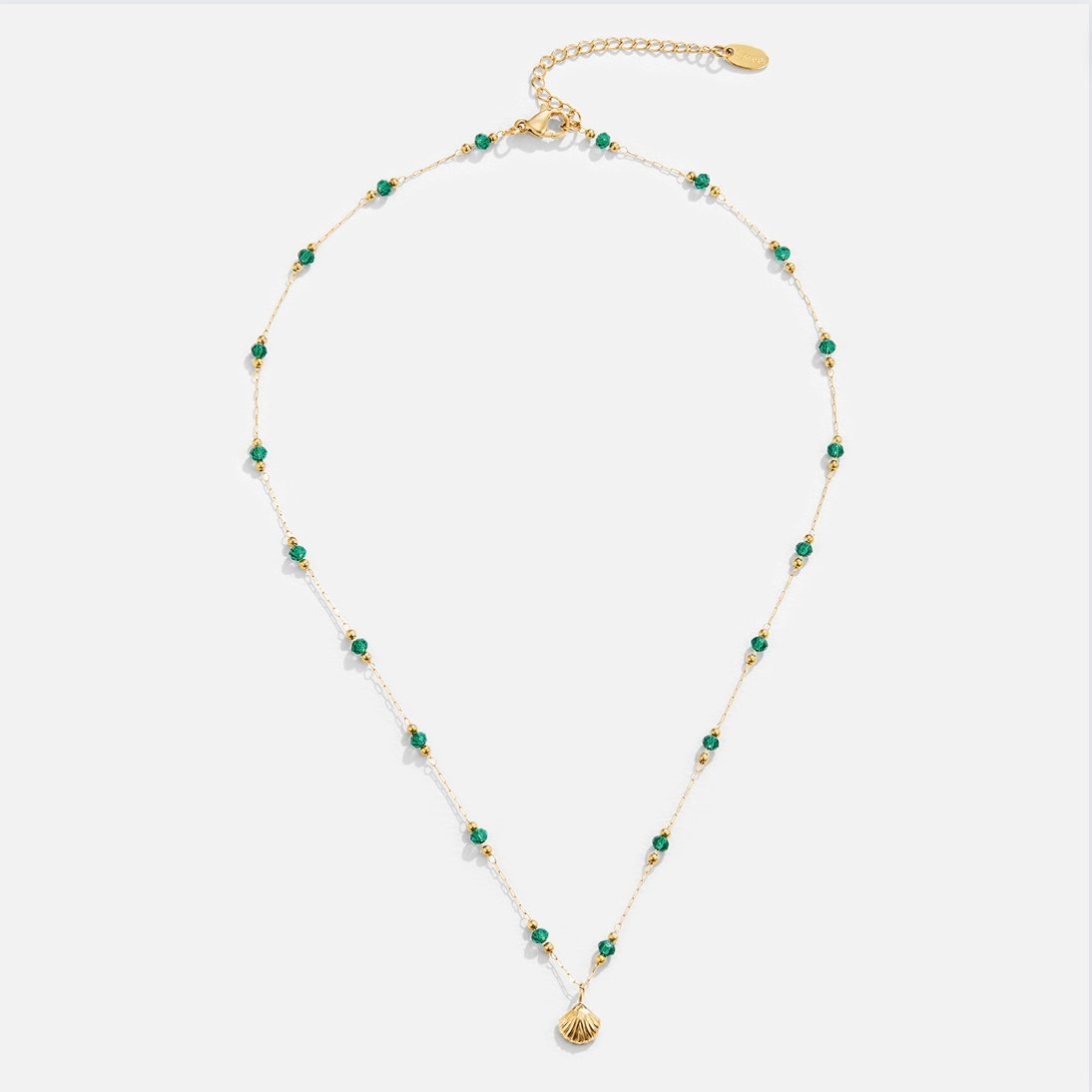Gold Tone Shell and Green Bead Necklace