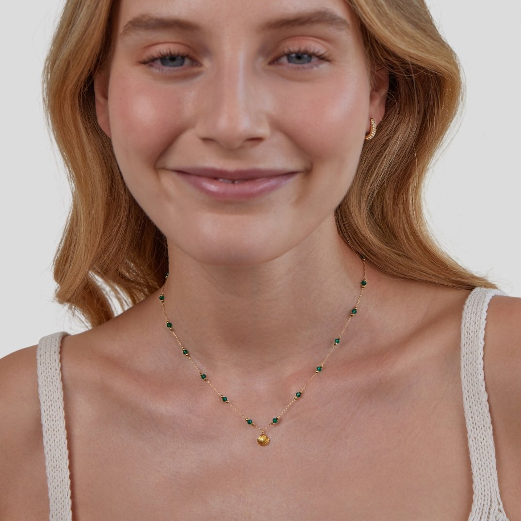 Gold Tone Shell and Green Bead Necklace