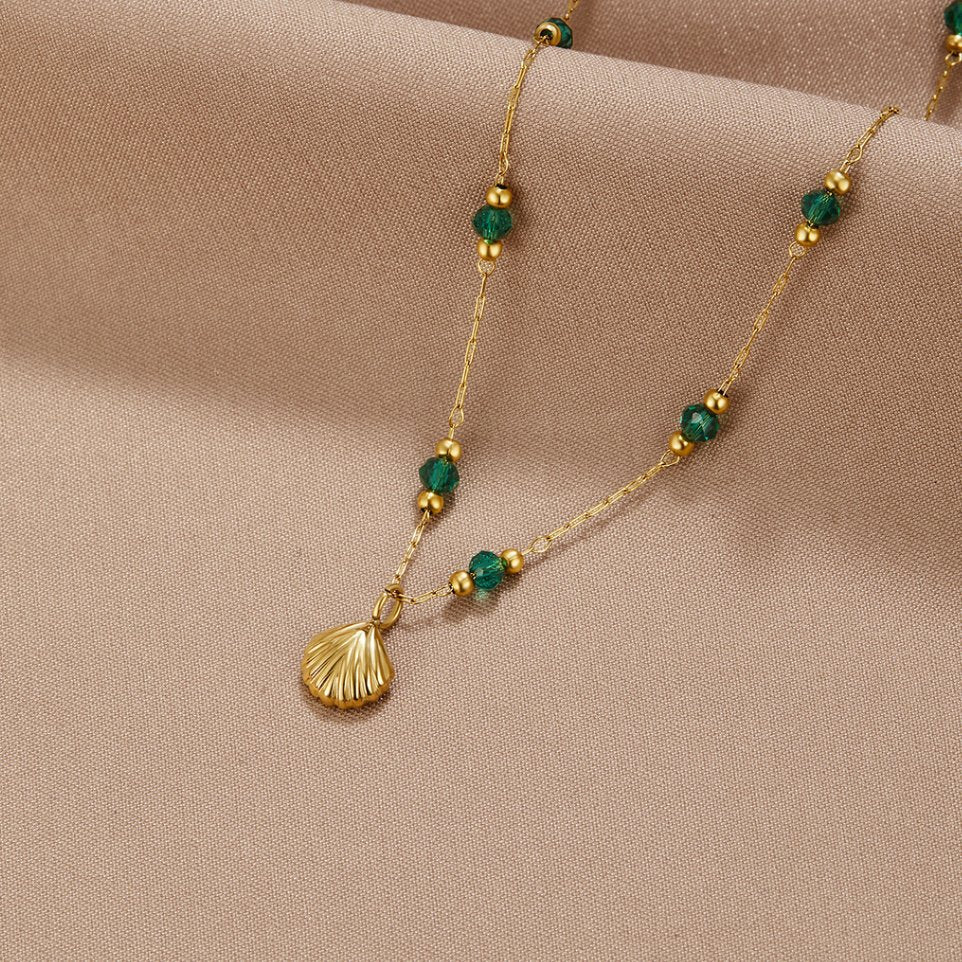 Gold Tone Shell and Green Bead Necklace