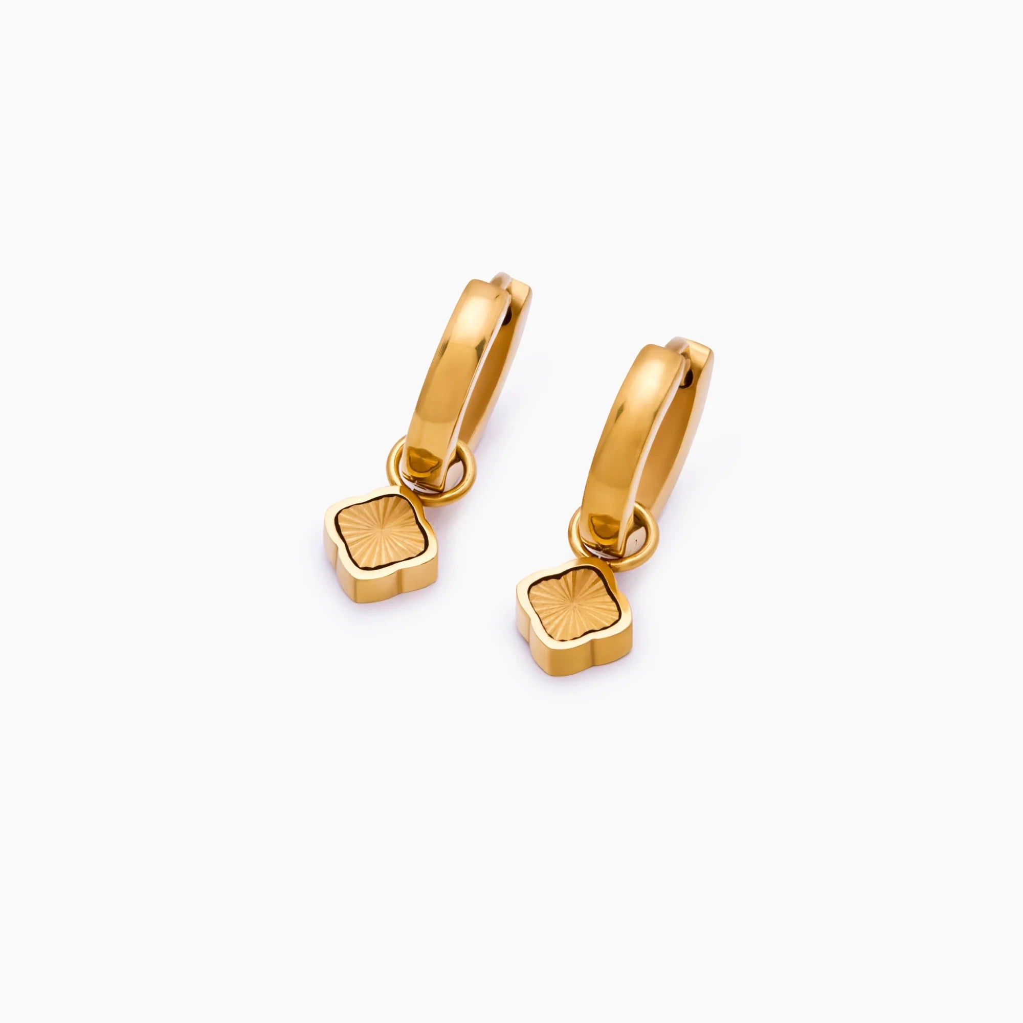 Gold Hoop Earrings with Sunburst Clover Design
