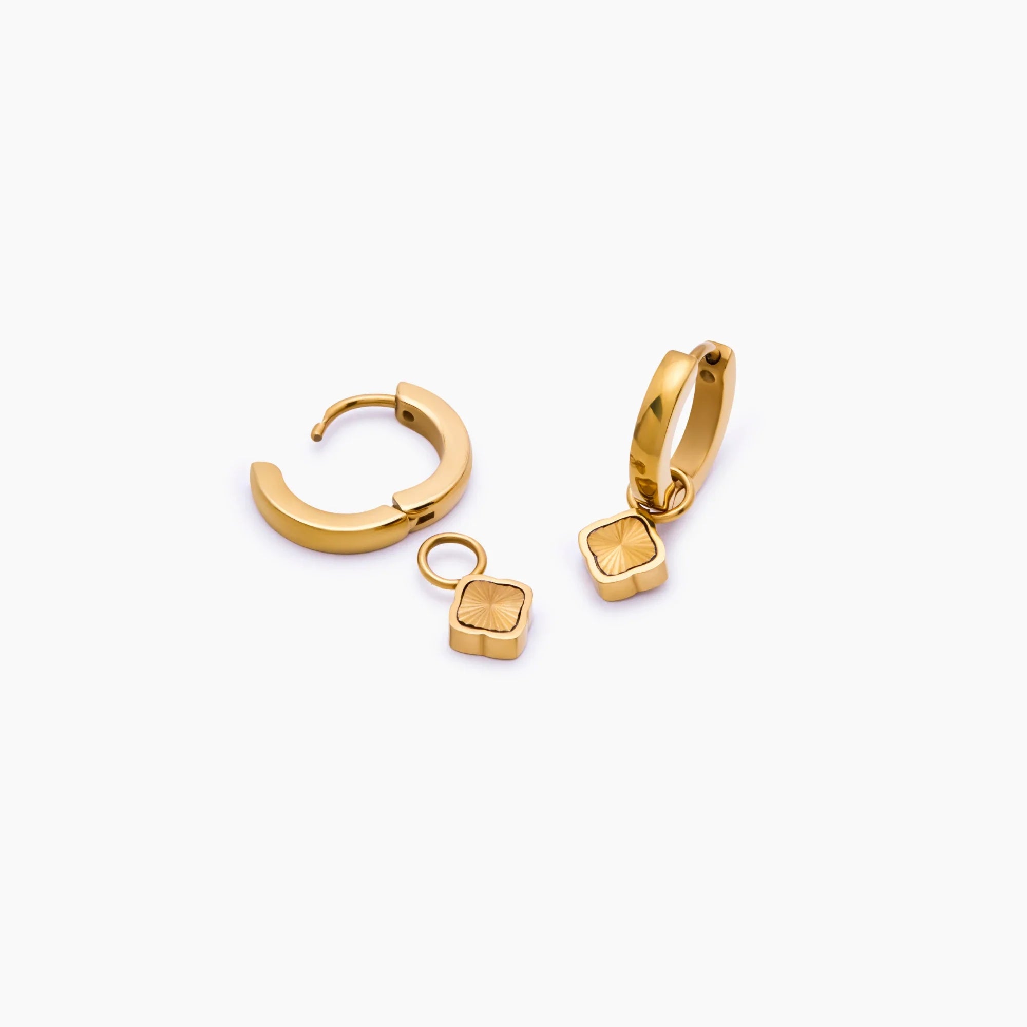 Gold Hoop Earrings with Sunburst Clover Design