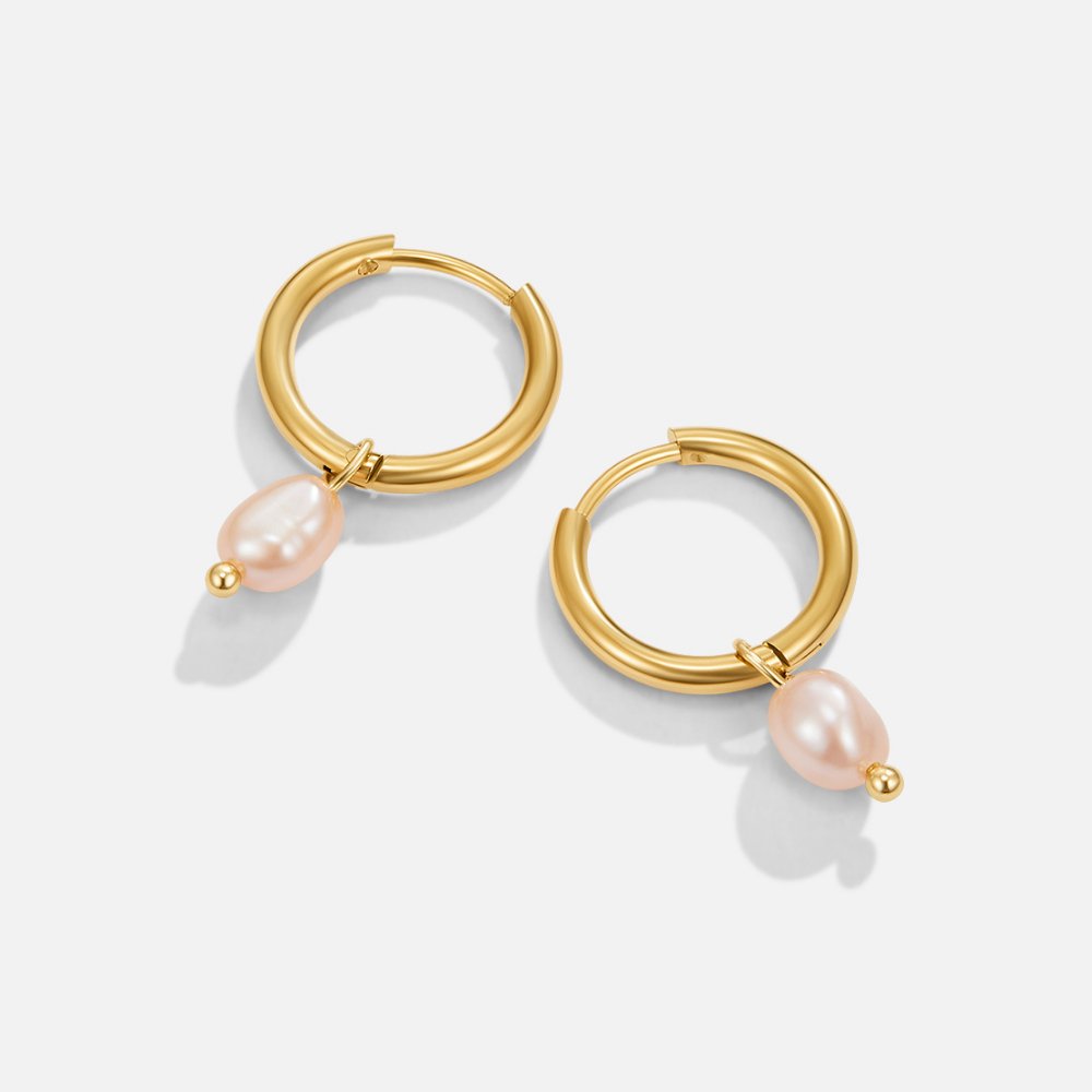 Gold Hoop Earrings with Pink Freshwater Pearl
