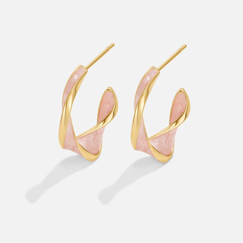 Gold Twist Hoop Earrings with Pink Mother of Pearl