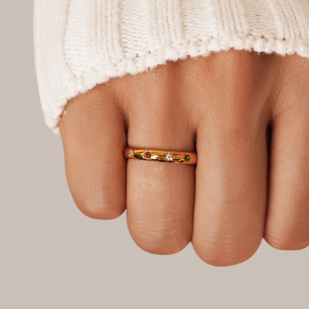 Gold Tone Rainbow Crystal Open Ring with Multi-Color Stone Setting