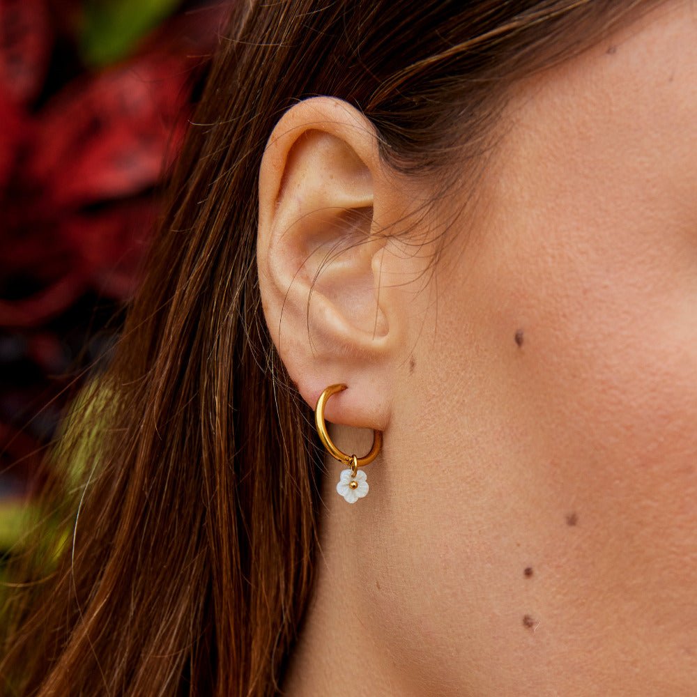 Gold Hoop Earrings with White Petal Shell